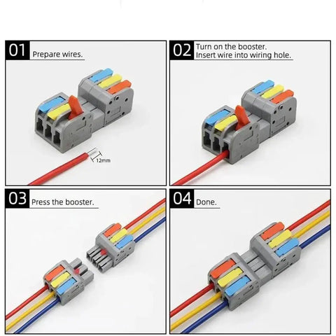 Step-by-step using Mini Quick Wire Connectors with push in, lever, and crimp styles for fast, secure electrical wiring.
