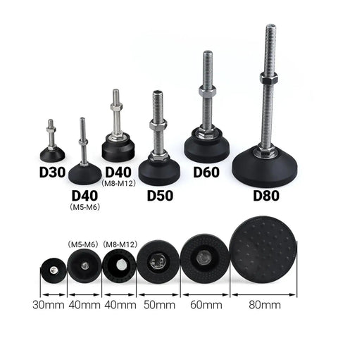 Heavy Duty Adjustable Leveling Feet With Swivel Base And Rubber Bottom For Wobbly Furniture Workbench And Machinery M8 M10 M12 Thread Articulating Stabilizer Pads in various sizes.