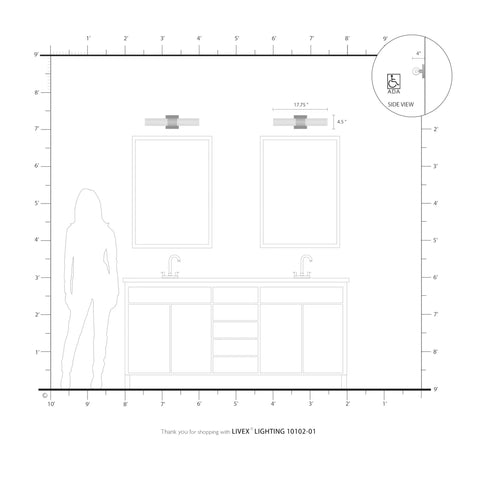 Diagram showing Aero ADA Bath Vanity Light Bar, 2 Light, Antique Brass Finish, positioned above bathroom mirrors, side view included.