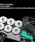 Kickass Cordless Fish Tape Wire Puller For Electricians With High Power Brushless Motor showing rubber wire pulleys and strong grip for cable handling.