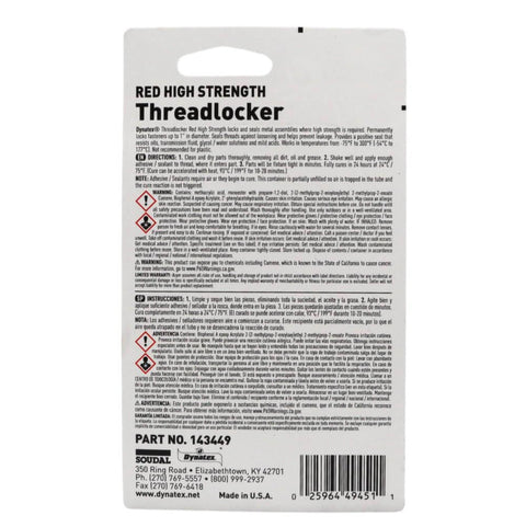Packaging back of Red High Strength Thread Locker For Nut And Bolt Assemblies, showing instructions and product details, 6ml.