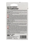 Back view of Red High Strength Thread Locker For Large Fasteners, 0.20 Oz Bottle packaging with instructions and safety warnings