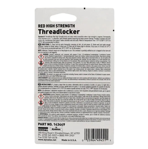 Back view of Red High Strength Thread Locker For Large Fasteners, 0.20 Oz Bottle packaging with instructions and safety warnings