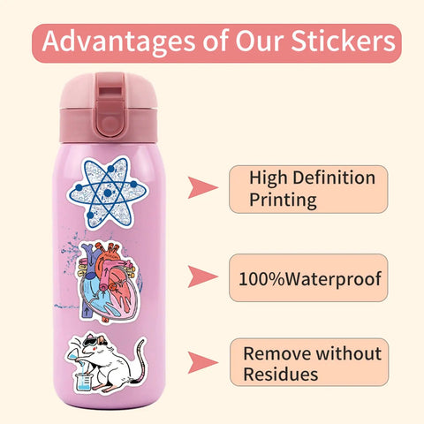 110 Piece Science Stickers Pack For Chemistry Biology Physics Fans With Assorted Fun Vinyl Decals on pink water bottle