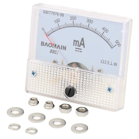 Analog DC Ammeter 0-500mA Panel Meter With 85C1 Dial, 2.5 Class Accuracy and mounting hardware, rectangle amp gauge