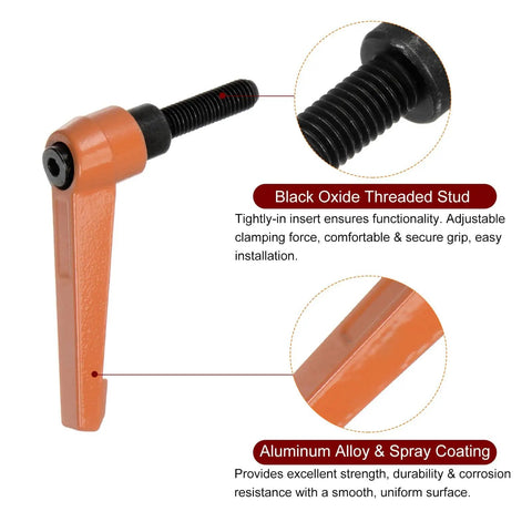 4 Pack Adjustable Clamping Lever Handles M8 X 25mm Threaded Bolt Knobs Rotating Quick Release Push Button Grip Orange Aluminum Alloy shown.