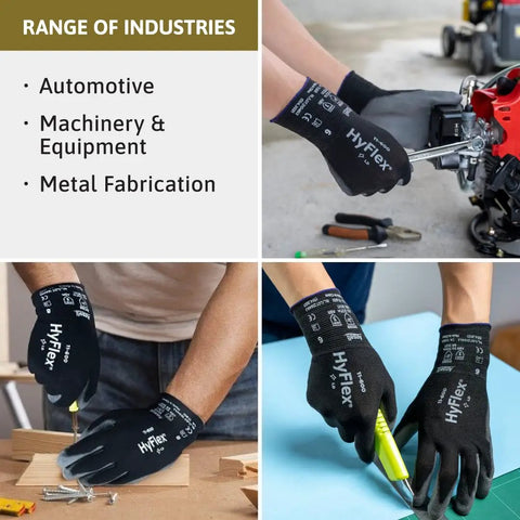 Multi Purpose Light Duty Work Gloves With Palm Coating For Metal Fabrication Machinery And Automotive Jobs Durable PU Palm Grips Like A Pro ANSI EN Abrasion Resistant Size 8 Black Pack Of 12 used in various industries.