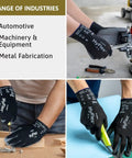 Trade Ready Light Duty Nylon Work Gloves With Reliable Polyurethane Palm Coating Built Tough For Automotive Repair And Metal Fabrication Projects Large Black Trio Pack on hands performing various tasks.