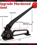 Pro Grade 1/2 Inch Steel Strapping Kit 200 Feet Roll With 1100 Lb Break Strength tensioner, crimper with measurements displayed.