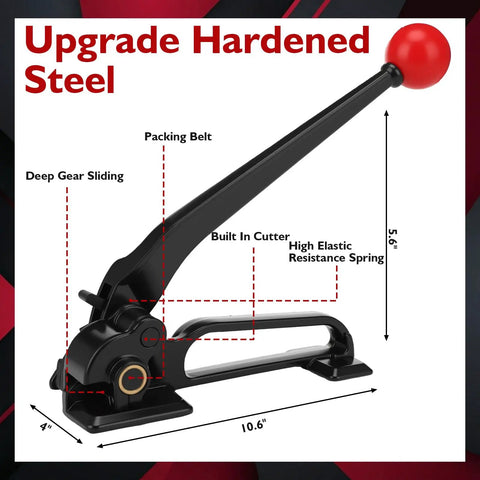 Pro Grade 1/2 Inch Steel Strapping Kit 200 Feet Roll With 1100 Lb Break Strength tensioner, crimper with measurements displayed.