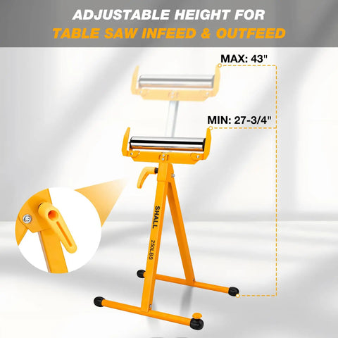 Two Pack Folding Roller Stands Built for Heavy Duty Woodworking 250 Lb Load Capacity Adjustable from 27.8 to 43 Inches Outfeed Support