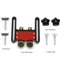 Heavy Duty Dual Adjustable Featherboards With Butter Smooth Polyurethane Rollers And Quick Swap Sliders components, including T slider block and saw table presser.