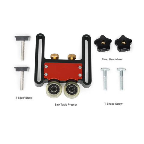 Two Pack Roller Featherboards With Ball Bearings For Table Saw And Router Table Jig setup, including saw table presser and parts.
