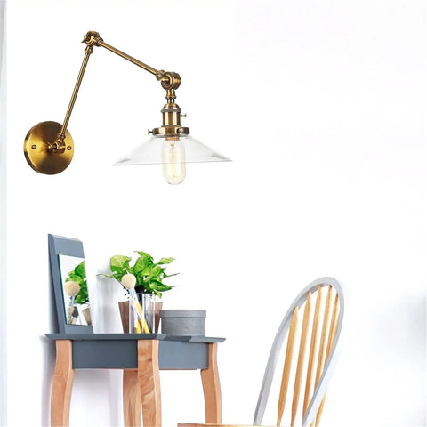 Wall Sconce Lights Indoor Bedroom Hallway Swing Arm Lamps with Switch,Adjustable Metal,Clear Glass Shade,Hardwired Industrial Lamp for Living Room, mounted above a small desk.