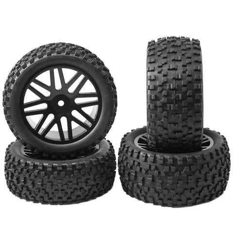 Beefy 88mm 3.46 Inch Off Road RC Tire Set With Sponge Inner And 12mm Hex Wheel Rims For 1 To 10 Scale Buggy Cars Durable Rubber Tires Replacement Black Fit Redcat Tornado Shockwave HPI ExceedRC Kyosho Losi, front view of tires stacked with tread visible