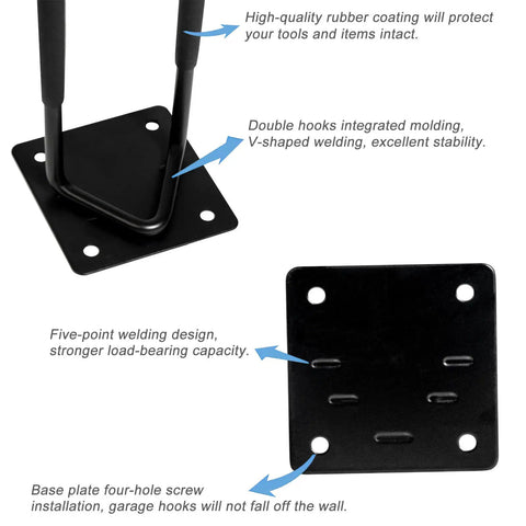Heavy Duty Garage Tool Hanger Set Two Pack Wall Mount Hooks base and hooks with welding details and screw holes
