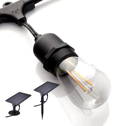 Close-up of LED bulb from Solar Outdoor String Lights 48 Ft LED With 15 Hanging Sockets Waterproof Shatterproof Pergola Lights With Light Sensor S14 Edison Bulbs For Patio Backyard Garden And Bistro Vibes No Fuss Easy Setup.