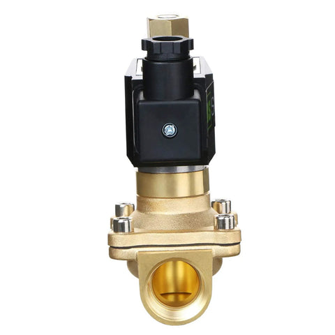 Front view of Brass Electric Solenoid Valve Three Quarter Inch NPT Normally Open 12V DC for air, gas, or water use with Viton seal.