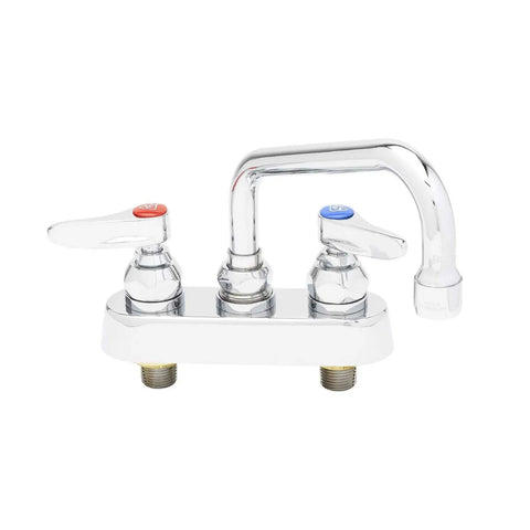 Brass Deck Mount Workboard Mixing Faucet With Six Inch Swing Nozzle Four Inch Centers Lever Handles Silver Finish One Half Inch NPT Inlets Includes Two Optional Tailpieces And Two Point Two GPM Aerator