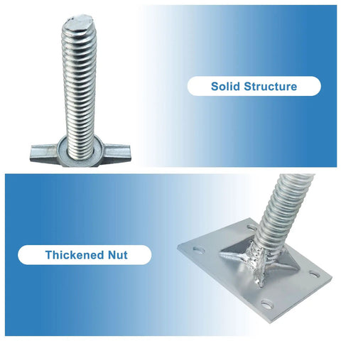 Heavy Duty Adjustable Leveling Jacks With Reinforced Galvanized Steel Base Plate For Rv Trailers And Travel Trailers Built Dead Solid For Bumpy Ground Easy Crank Lever For No Sweat Setup close-up of solid structure and thickened nut details