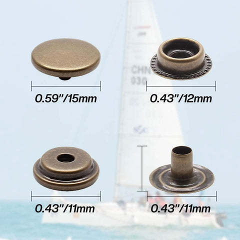 Badass Marine Grade Stainless Steel Snap Fasteners 120 Piece Heavy Duty Press Stud Kit showing brass snap buttons, sizes 15mm and 12mm.