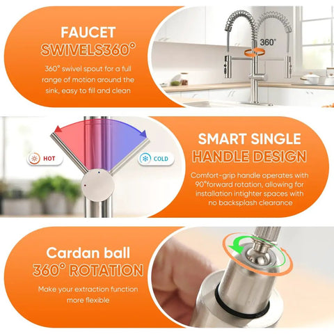 Pull Out Kitchen Faucet With Sprayer Low Lead Pro Grade Single Handle Pull Down Sprayer Brushed Nickel Finish 360-degree rotation