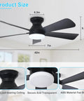 Diagram showing Cool 42 Inch Black Ceiling Fan With Light For Indoor And Outdoor Use Dimmable LED Remote Control Flush Mount