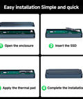 Step-by-step guide for the Blazing 40Gbps M.2 NVMe SSD Enclosure With Active Cooling installation process.