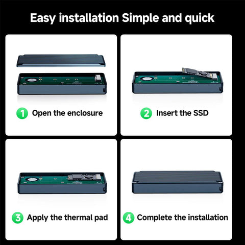 Step-by-step guide for the Blazing 40Gbps M.2 NVMe SSD Enclosure With Active Cooling installation process.