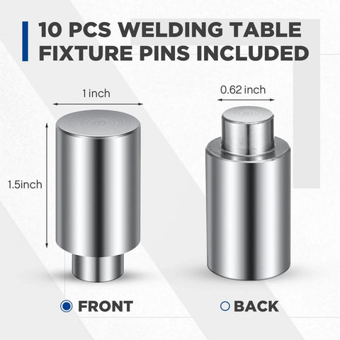 Ten Pack Welding Table Fixture Pins Five Eighths Inch By One Inch By One And A Half Inch Stop Alignment Square For Quick Setup Fixturing Kit And Essential Welding Table Accessories front and back view