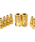 Brass air hose fittings set, 8-pc, 1/4 in quick-connect adapters for air compressors.
