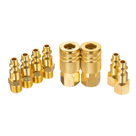 Brass air hose fittings set, 8-pc, 1/4 in quick-connect adapters for air compressors.