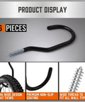 Close-up of a black utility hook with screw thread for wall mounting, part of Tough As Nails Heavy Duty Garage Storage Hooks 6 Pack.