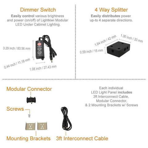 Components of the 6 Inch Cool White Modular LED Under Cabinet Lighting Pro Kit With 12 Panels, including dimmer, splitter, connectors, and cables.