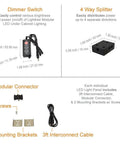 Image showing dimmer switch, 4-way splitter, modular connector, screws, mounting brackets, and 3ft interconnect cable for Six Inch Warm White Modular LED Under Cabinet Lighting Pro Kit With Twelve Panels For Bright Color Accurate Task Lighting In Kitchens And Home Offices Easy Install And No Brainer Layout.