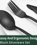 Black Flatware Set For 4 With Steak Knives 24 Piece Stainless Steel Cutlery Food Grade with fork, spoon, and knife on plate