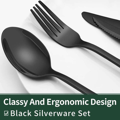 Black Flatware Set For 4 With Steak Knives 24 Piece Stainless Steel Cutlery Food Grade with fork, spoon, and knife on plate