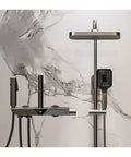 RIBEUJIZS Digital Shower System featuring a sleek silver design with smart controls and a modern handheld sprayer.