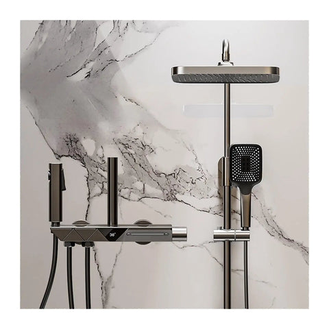 RIBEUJIZS Digital Shower System featuring a sleek silver design with smart controls and a modern handheld sprayer.