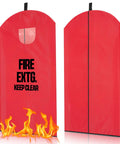 Two Pack Heavy Duty Fire Extinguisher Covers 18 Inch Wide By 26 Inch Long Thickened Protective Sleeve For 13 To 20 Lb Units Bright Red Shield To Guard Against Scratches And Dings Rugged Easy Fit For Quick Ready Safety Gear showing front and back view