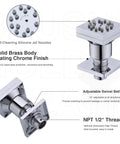Close-up of Brass Shower Body Spray Jets Kit with Two Function Massage, chrome square head with silicone nozzles and 1/2 inch thread