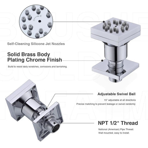 Close-up of Brass Shower Body Spray Jets Kit with Two Function Massage, chrome square head with silicone nozzles and 1/2 inch thread