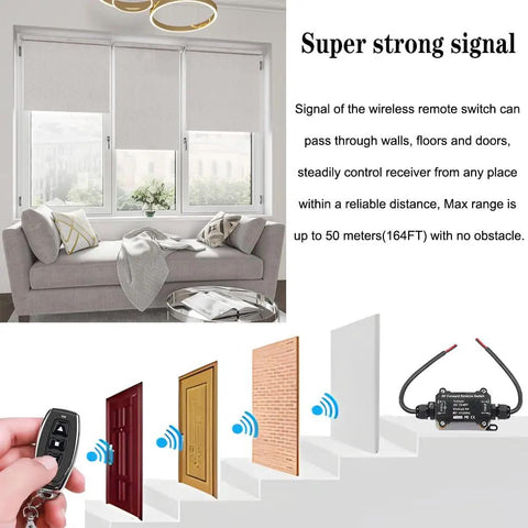 Tough As Nails Wireless Remote Switch For Forward And Reverse Dc Motor Control IP67 Waterproof At Eight Amps Rock Solid For Golf Carts Trailers Everyday Grind illustration showing strong signal through surfaces.
