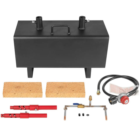 Beefy Portable Propane Gas Forge With Double Burner 2600F Forging Furnace For Blacksmithing Farrier And Knife Making Large Capacity Open Structure Square Forge Built From Heavy Duty Steel Ideal For Fire Craft, black steel body with dual burners, insulating bricks, and hoses.