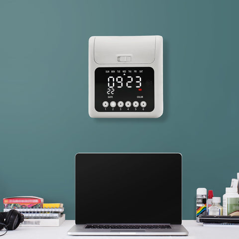 Heavy Duty Time Clock Punch Machine Bundle Includes Fifty Cards For Small Business And Office Password Unlocked Attendance Tracker on a wall.