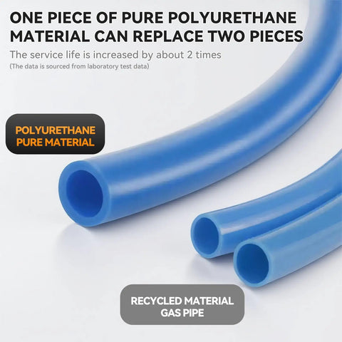 Close-up of blue polyurethane pneumatic air hose showing durability and flexibility with a focus on pure polyurethane material.