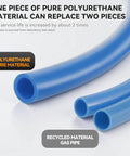 Blue polyurethane gas hose with text about durability and material replacement benefits
