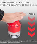 Hella Tough Portable Wheel Bearing Packer Tool To Flush Old Grease And Repack Axle Seals Quick For Garage Projects and Road Ready Rigs With Impact Proof Shell, showing transparent cup for oil level.