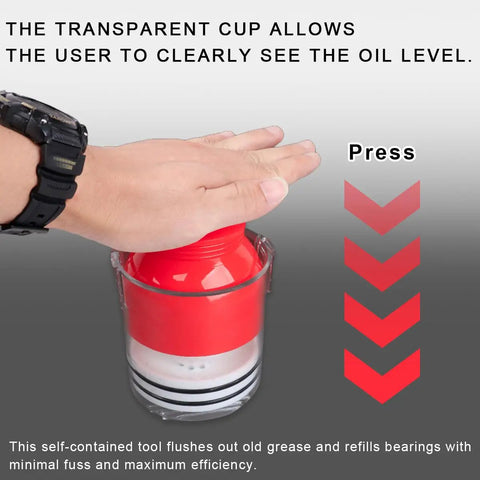Hella Tough Portable Wheel Bearing Packer Tool To Flush Old Grease And Repack Axle Seals Quick For Garage Projects and Road Ready Rigs With Impact Proof Shell, showing transparent cup for oil level.