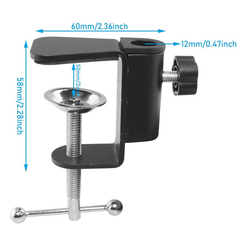 Front view of Metal Desktop Fixed Cantilever Bracket C Type Clamp For Table Lamps And Swing Arm Desk Lamps, dimensions visible